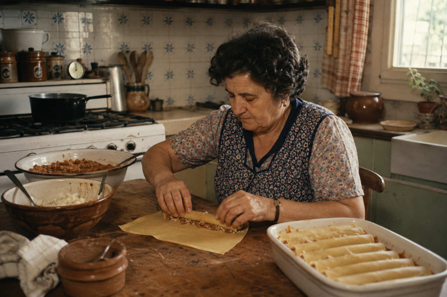 Escena ficticia de Antònia preparando sus canelones de Navidad
